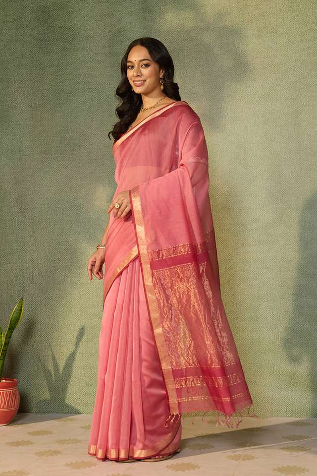 Pink Woven Pure Silk Cotton Maheshwari Saree thumbnail image number null