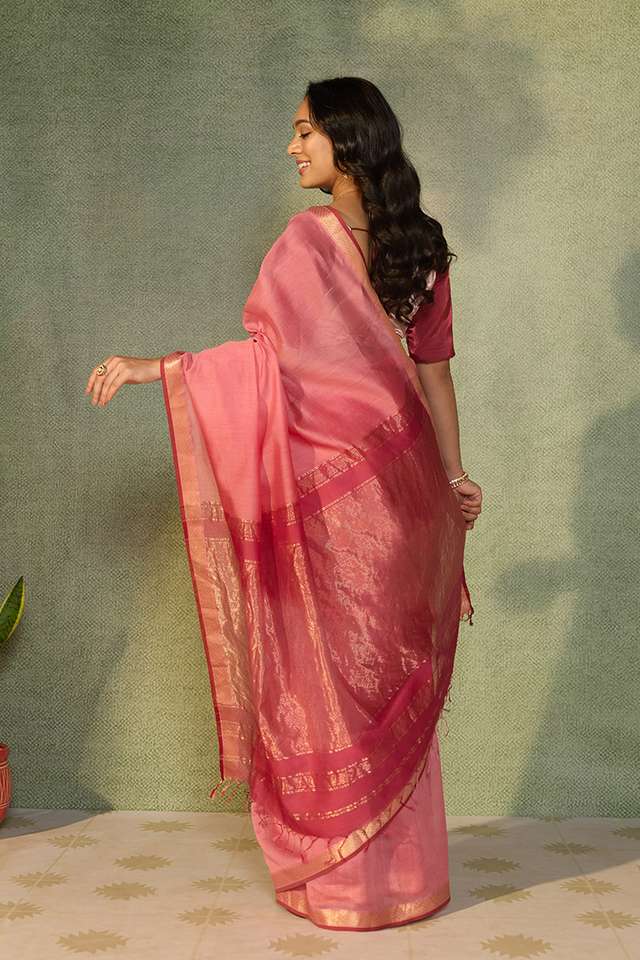 Pink Woven Pure Silk Cotton Maheshwari Saree thumbnail image number null