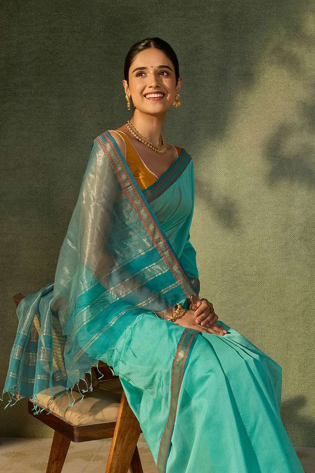 Light Blue Woven Pure Silk Cotton Maheshwari Saree image number