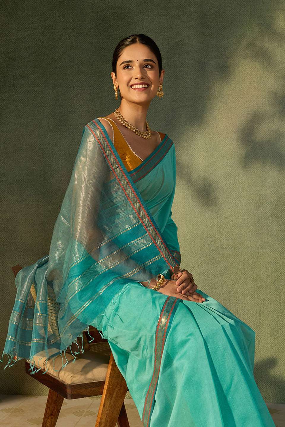 Light Blue Woven Pure Silk Cotton Maheshwari Saree