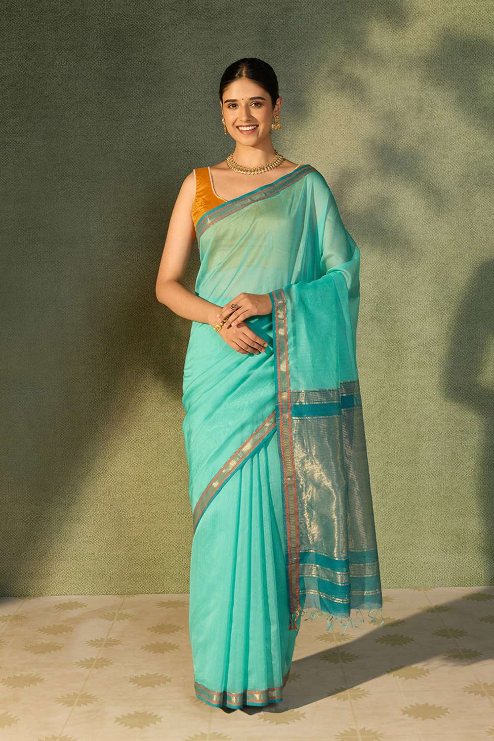 Light Blue Woven Pure Silk Cotton Maheshwari Saree image number null