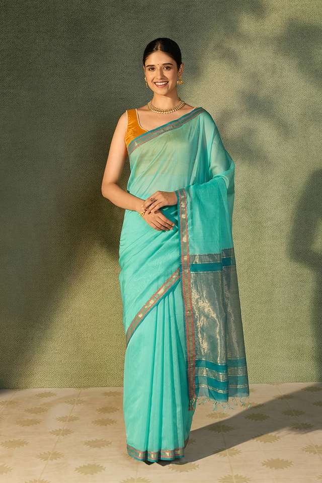 Light Blue Woven Pure Silk Cotton Maheshwari Saree thumbnail image number null