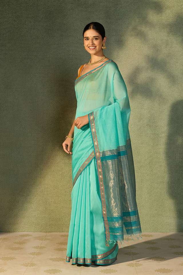 Light Blue Woven Pure Silk Cotton Maheshwari Saree thumbnail image number null