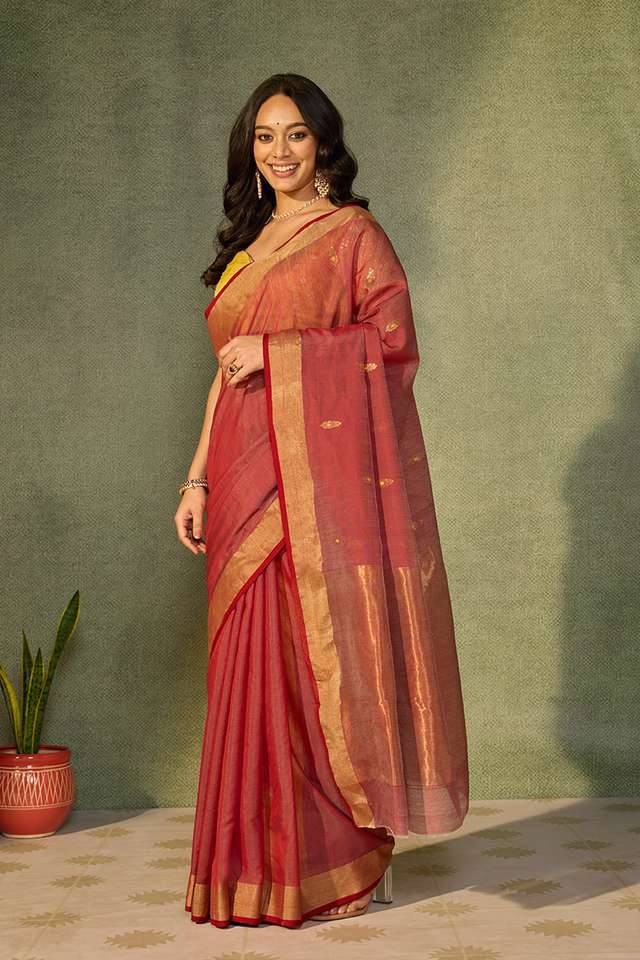 Red Woven Pure Silk Cotton Chanderi Saree thumbnail image number null
