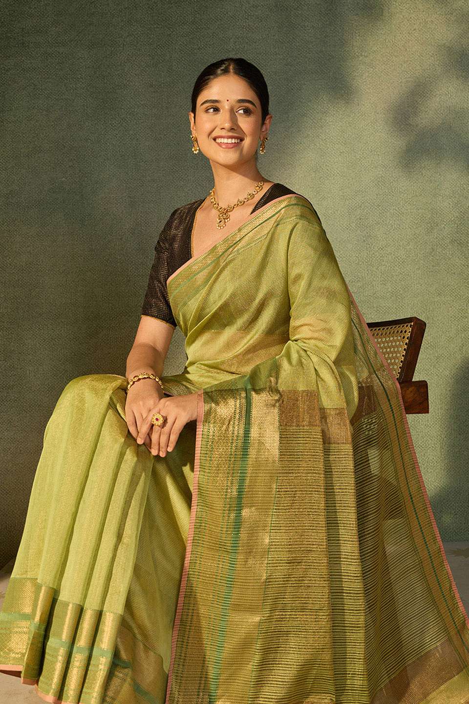 Light Green Woven Pure Tissue Cotton Maheshwari Saree