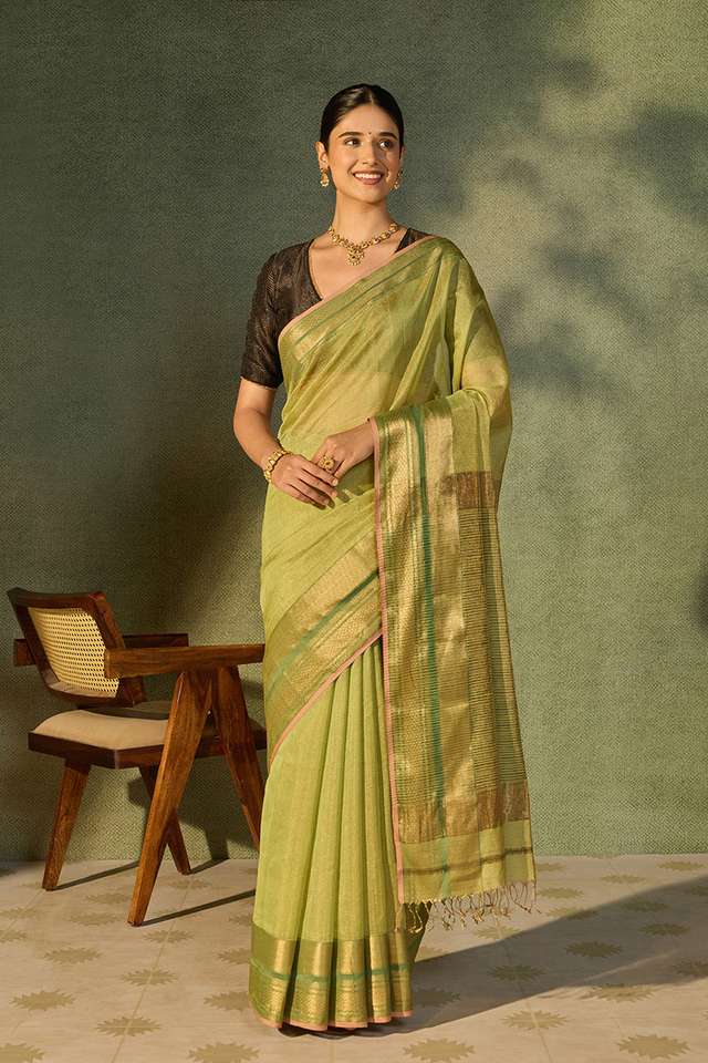 Light Green Woven Pure Tissue Cotton Maheshwari Saree thumbnail image number null