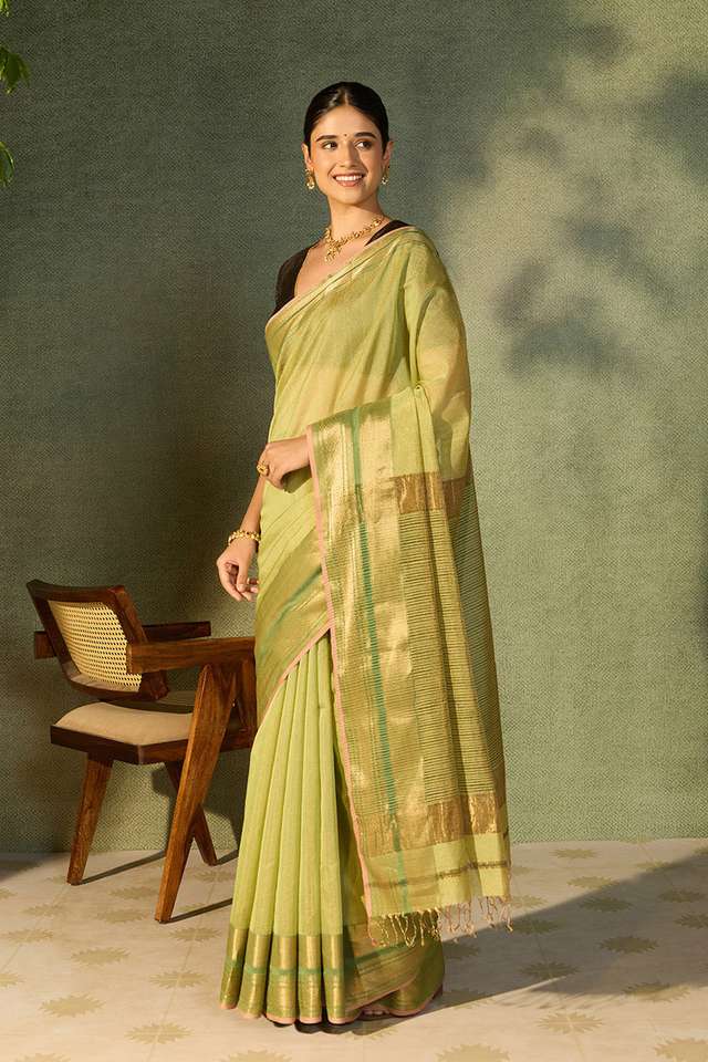 Light Green Woven Pure Tissue Cotton Maheshwari Saree thumbnail image number null