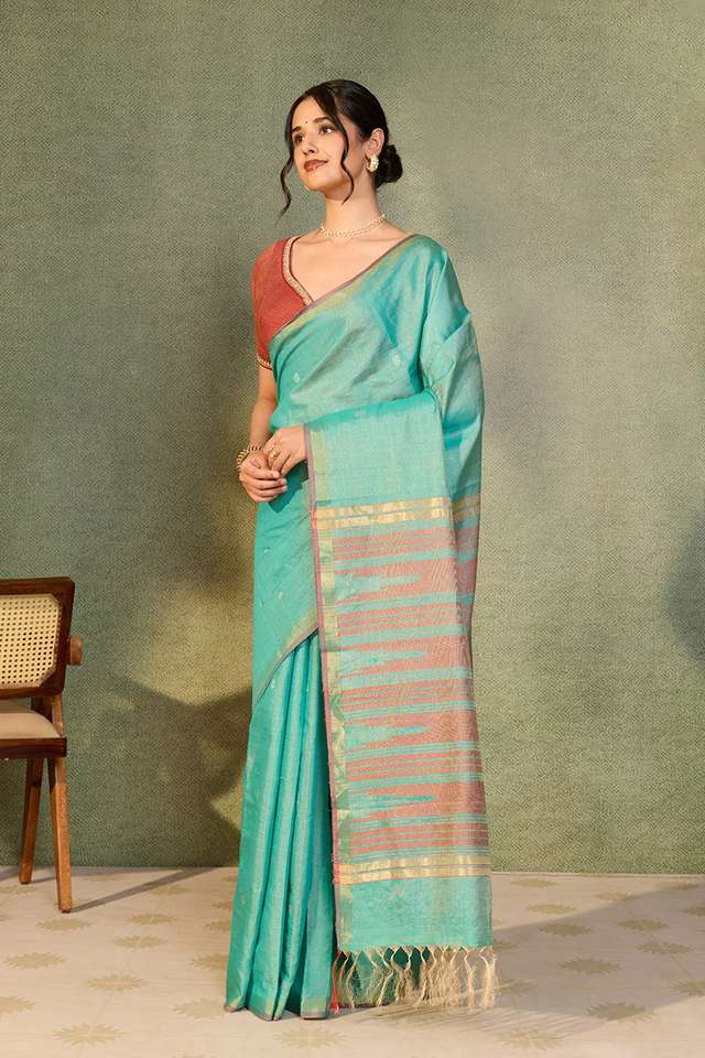 Dark Green Chattisgarh Woven Pure Tussar Silk Saree thumbnail image number null
