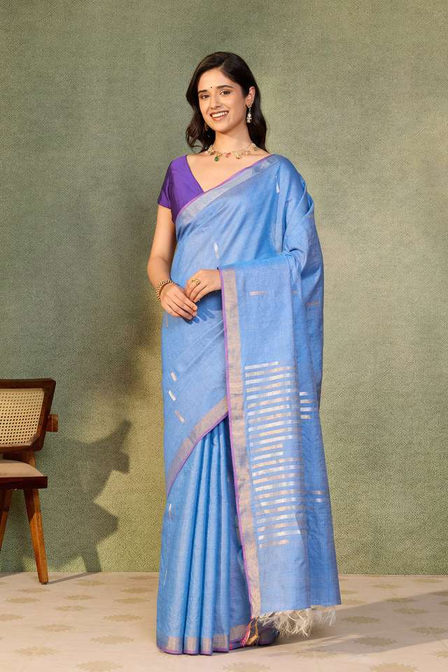 Blue Chattisgarh Woven Pure Tussar Silk Saree thumbnail image number null