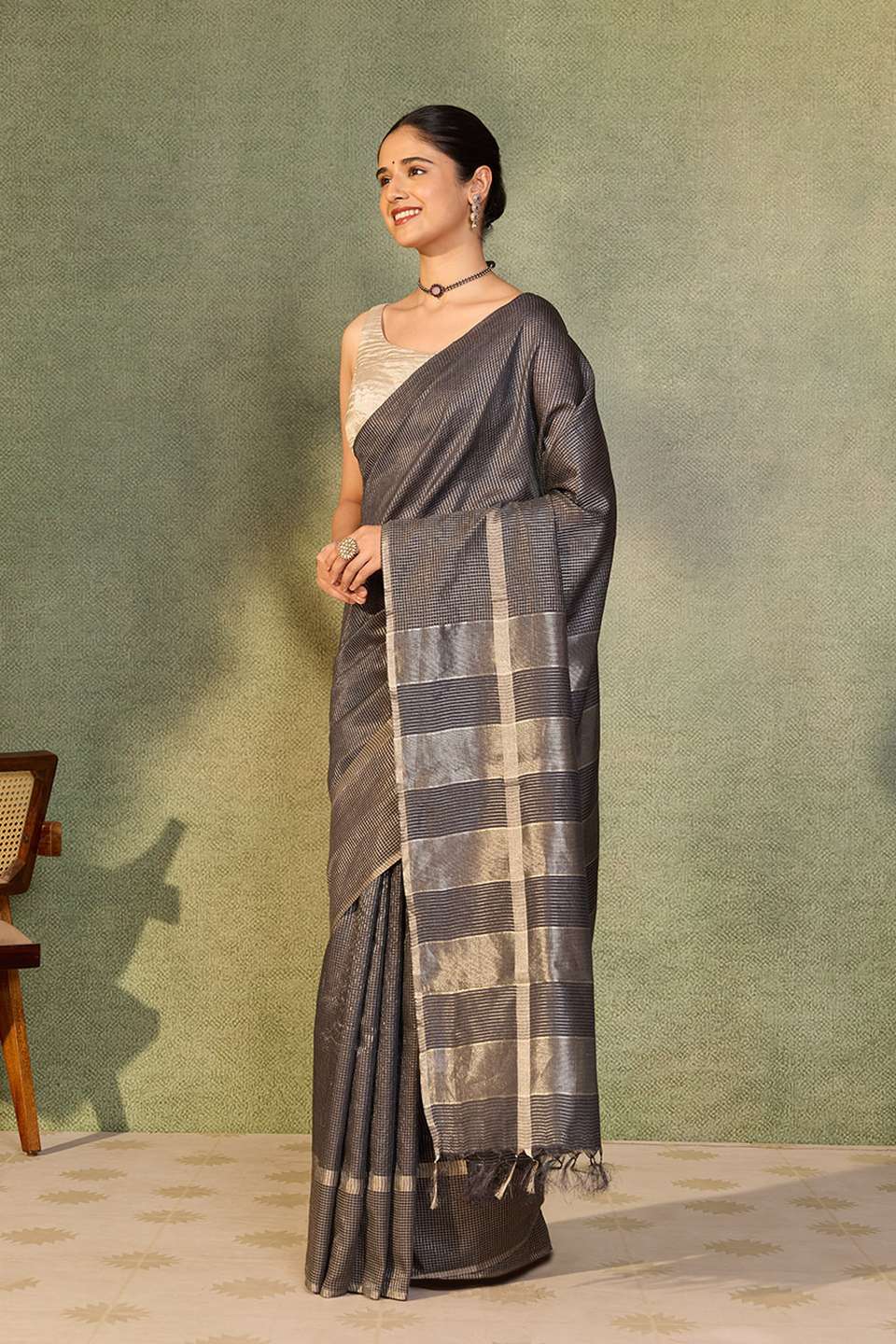 Black Chattisgarh Woven Pure Tussar Silk Saree