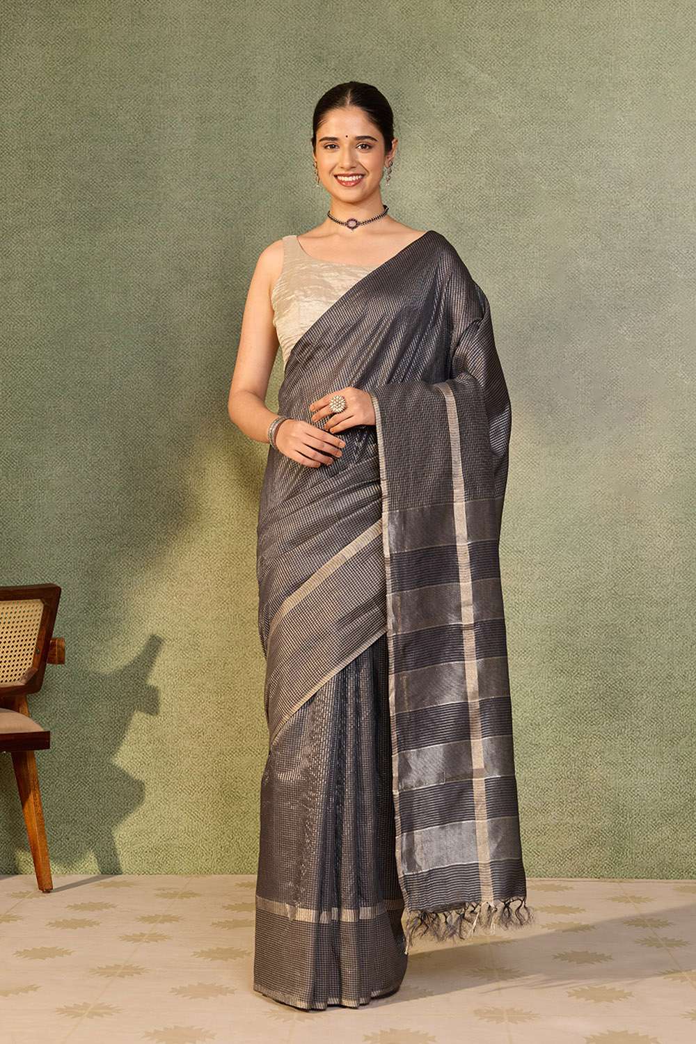 Black Chattisgarh Woven Pure Tussar Silk Saree image number null