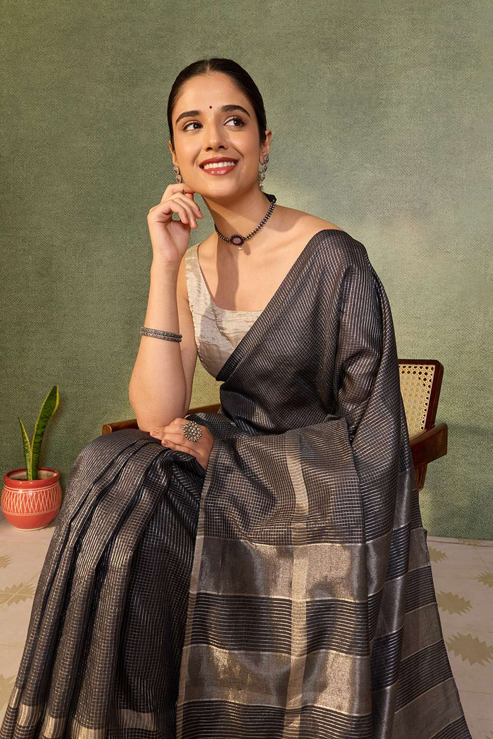 Black Chattisgarh Woven Pure Tussar Silk Saree image number null
