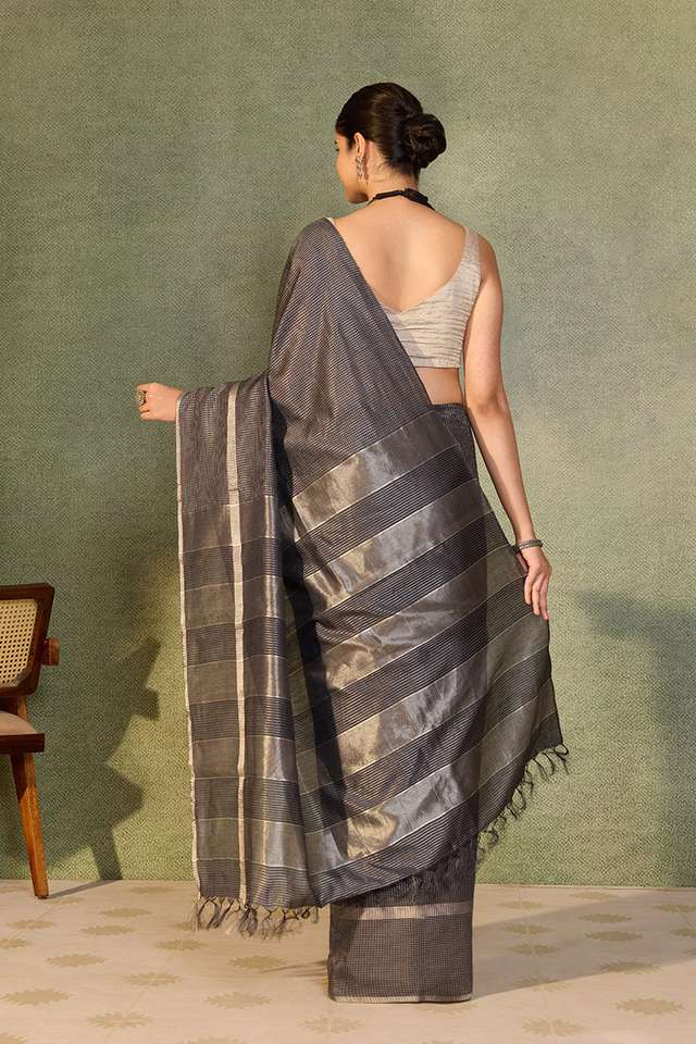 Black Chattisgarh Woven Pure Tussar Silk Saree thumbnail image number null