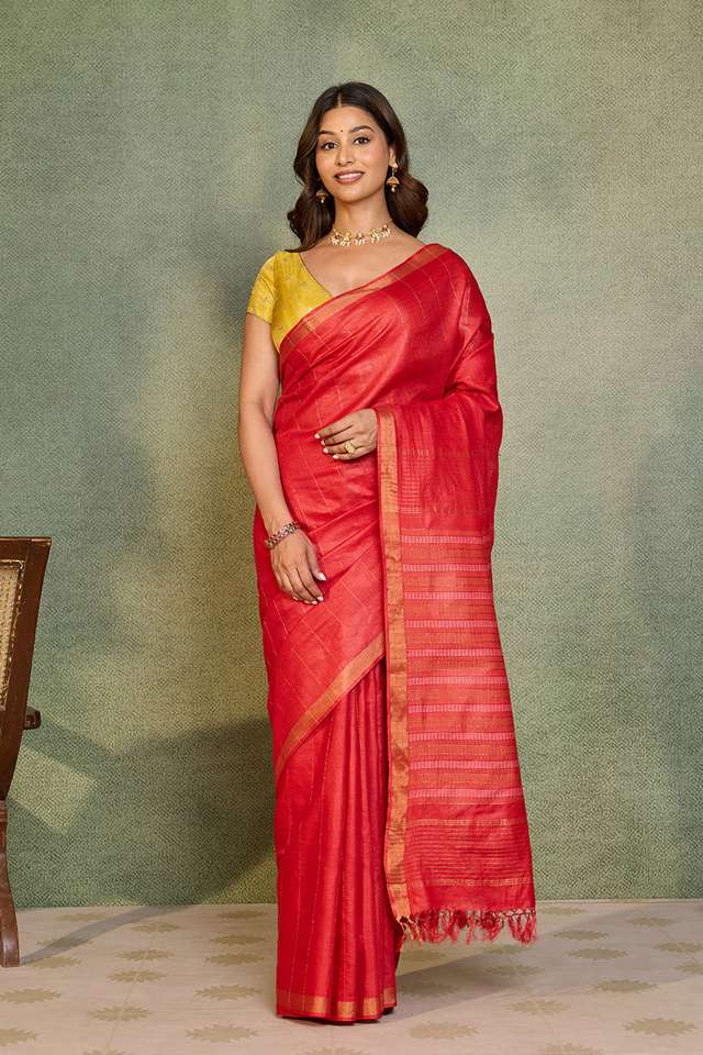 Red Chattisgarh Woven Pure Tussar Silk Saree thumbnail image number null
