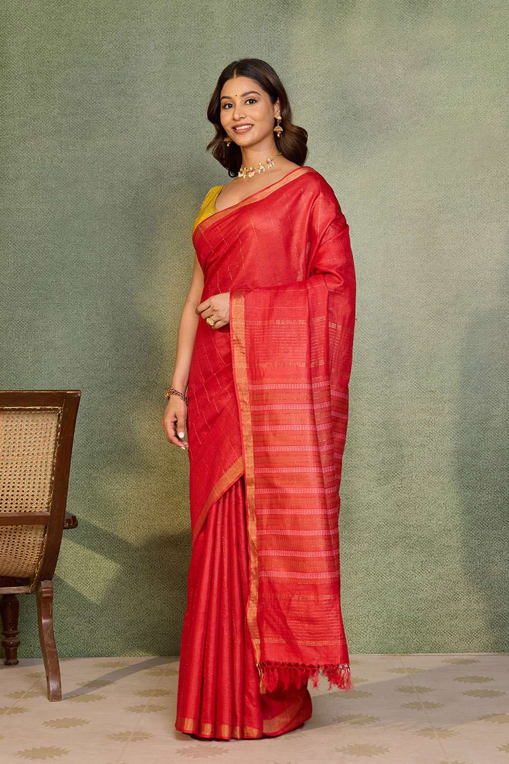 Red Chattisgarh Woven Pure Tussar Silk Saree image number null