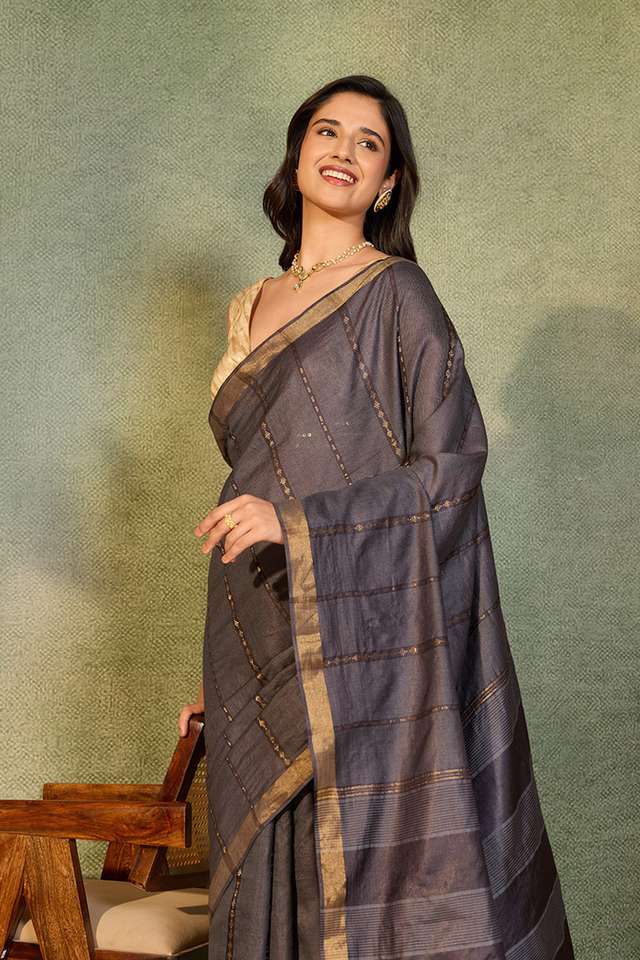 Grey Chattisgarh Woven Pure Tussar Silk Saree thumbnail image number null
