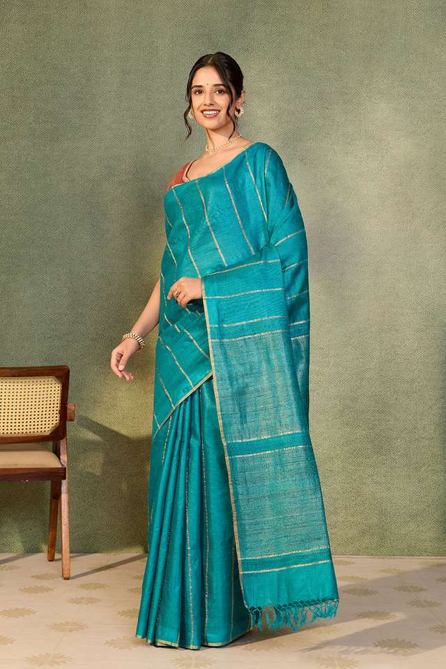 Blue Chattisgarh Woven Pure Tussar Silk Saree thumbnail image number null