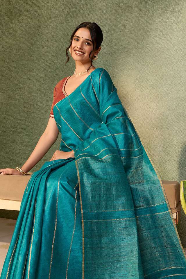 Blue Chattisgarh Woven Pure Tussar Silk Saree thumbnail image number null