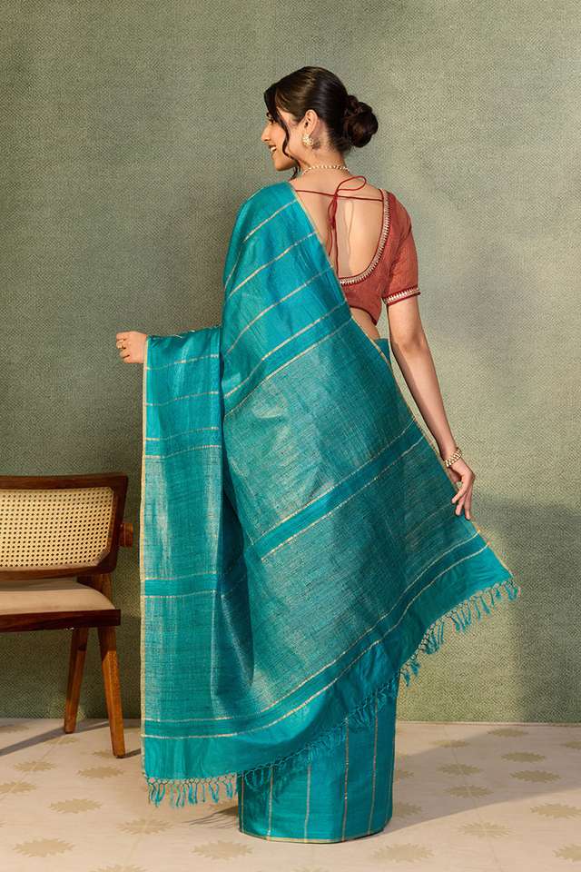 Blue Chattisgarh Woven Pure Tussar Silk Saree thumbnail image number null