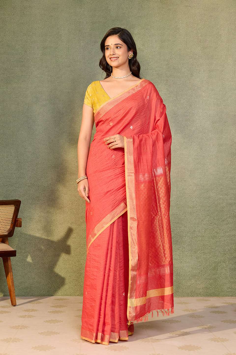 Red Chattisgarh Woven Pure Tussar Silk Saree