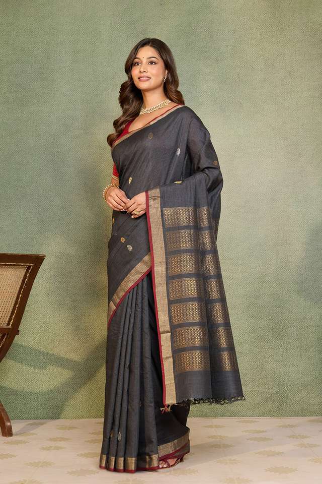 Black Chattisgarh Woven Pure Tussar Silk Saree thumbnail image number null