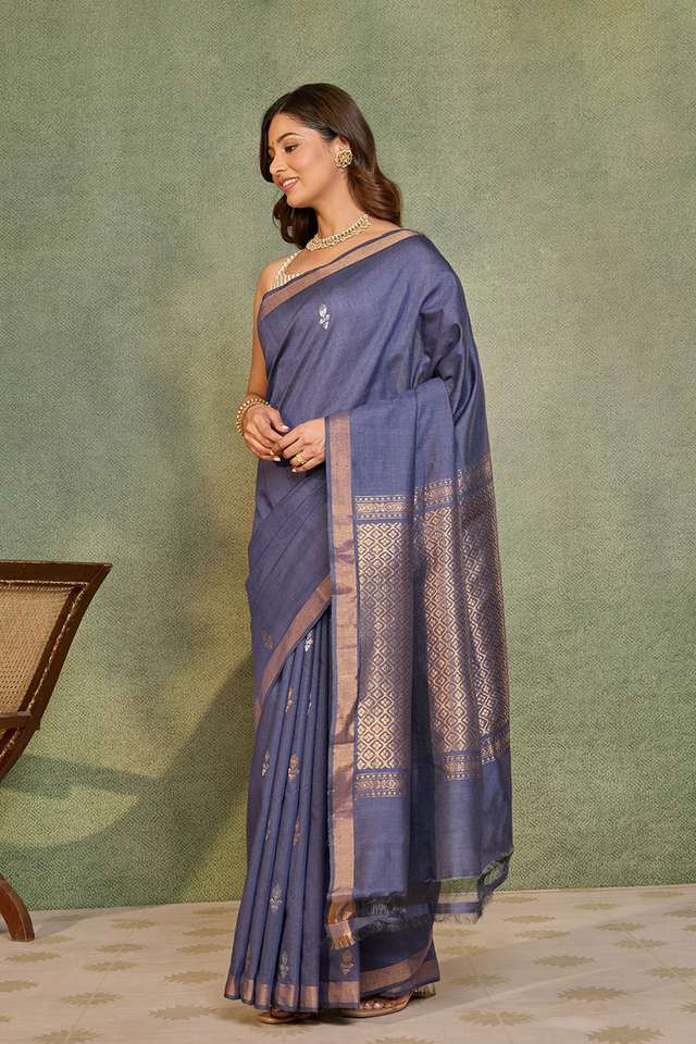 Dark Blue Chattisgarh Woven Pure Tussar Silk Saree thumbnail image number null
