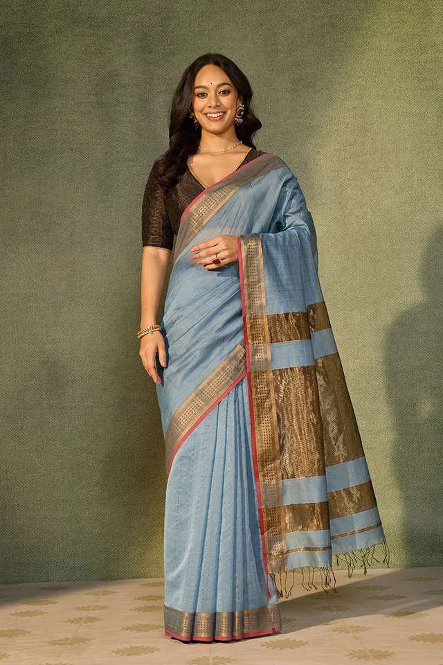 Blue Woven Pure Silk Cotton Maheshwari Saree thumbnail image number null