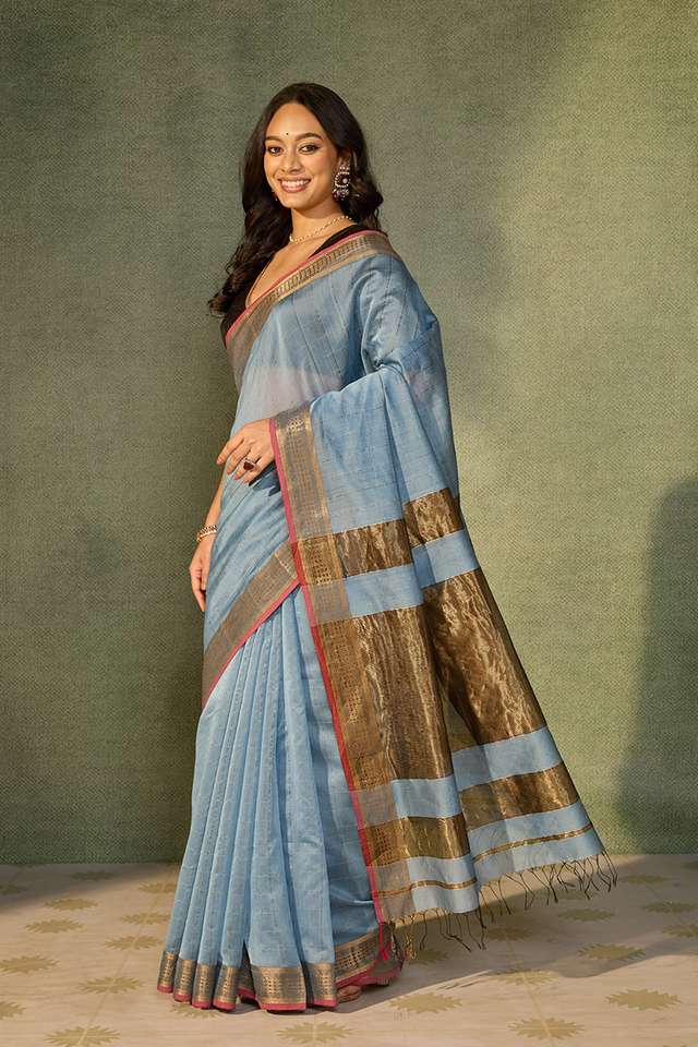 Blue Woven Pure Silk Cotton Maheshwari Saree thumbnail image number null