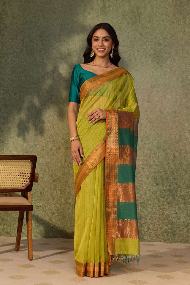 Light Green Woven Pure Silk Cotton Maheshwari Saree thumbnail image number null