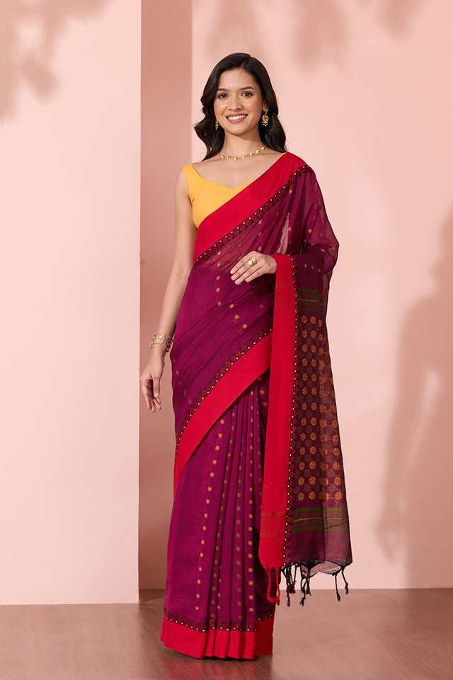 Purple Woven Pure Cotton Bengal Saree image number