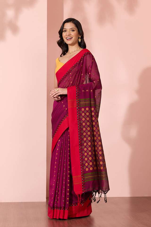 Purple Woven Pure Cotton Bengal Saree thumbnail image number null