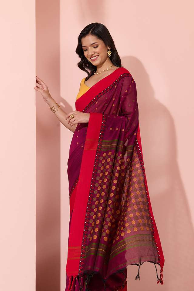Purple Woven Pure Cotton Bengal Saree thumbnail image number null