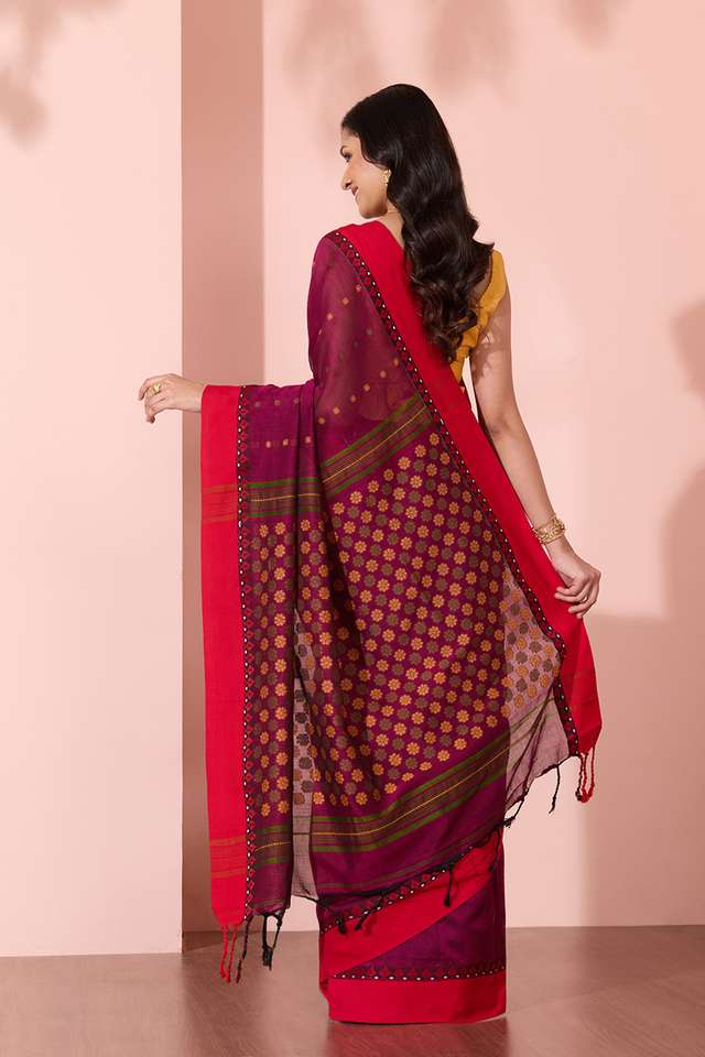 Purple Woven Pure Cotton Bengal Saree thumbnail image number null