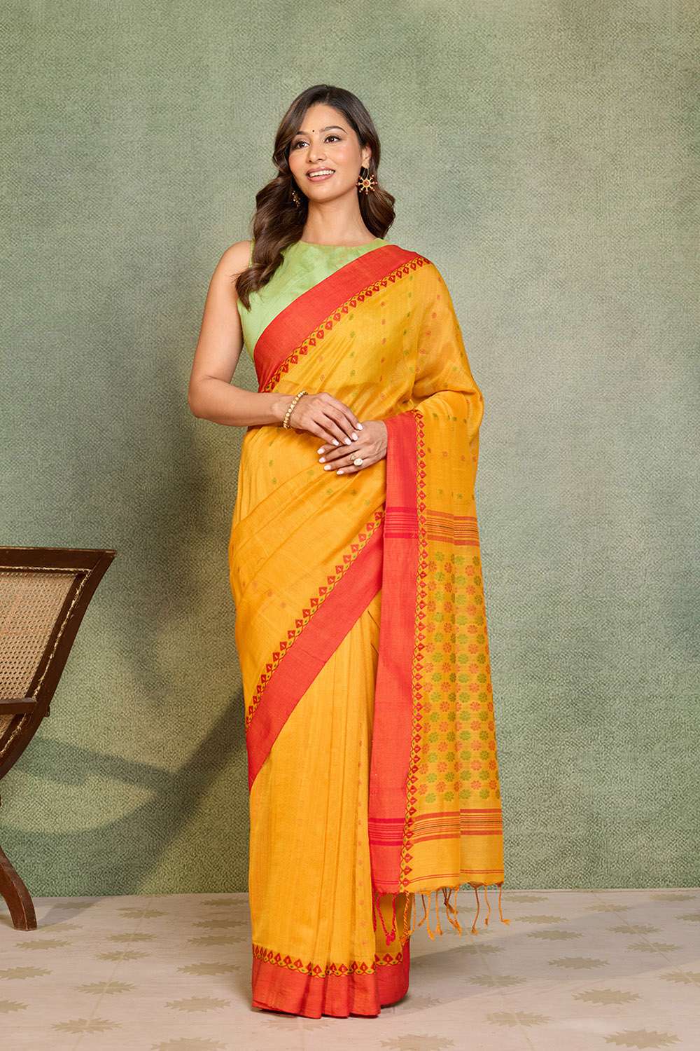 Orange Woven Pure Cotton Bengal Saree image number null