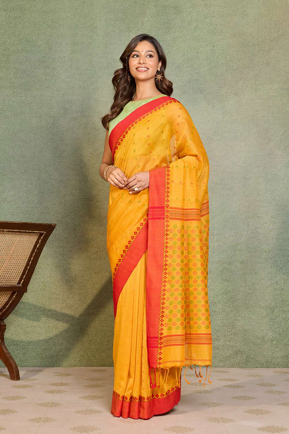 Orange Woven Pure Cotton Bengal Saree image number null
