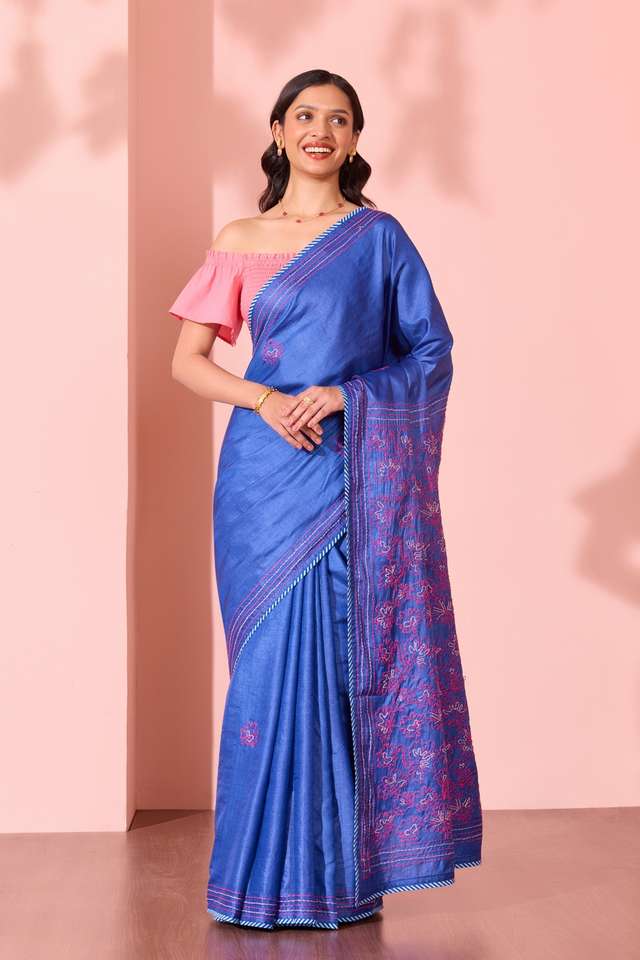 Blue Bengal Pure Tussar Silk Kantha Embroidered Saree image number