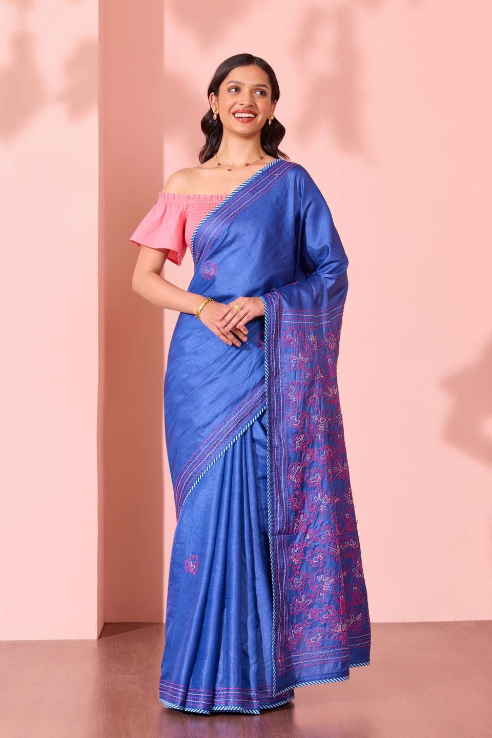 Blue Bengal Pure Tussar Silk Kantha Embroidered Saree