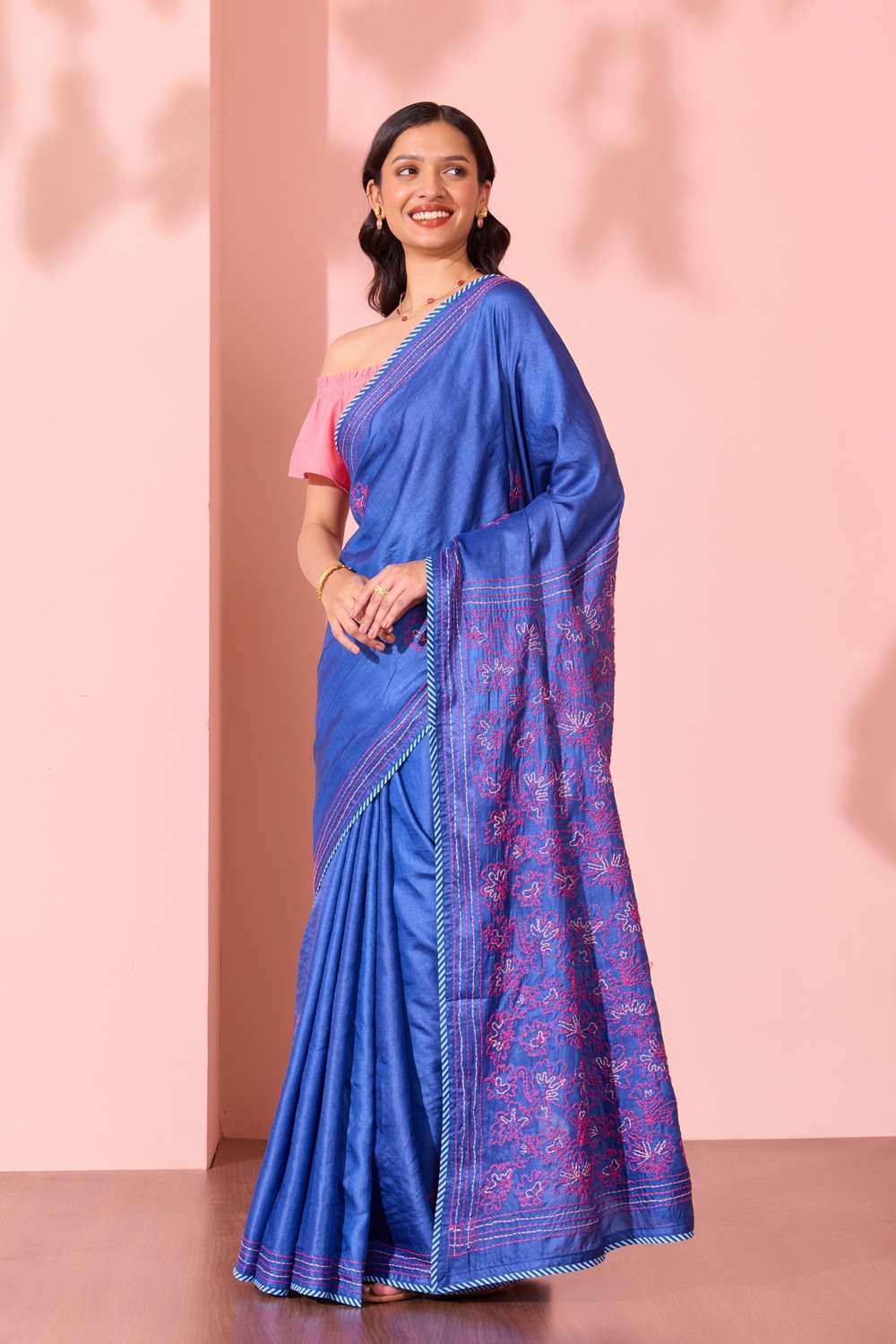 Blue Bengal Pure Tussar Silk Kantha Embroidered Saree image number null