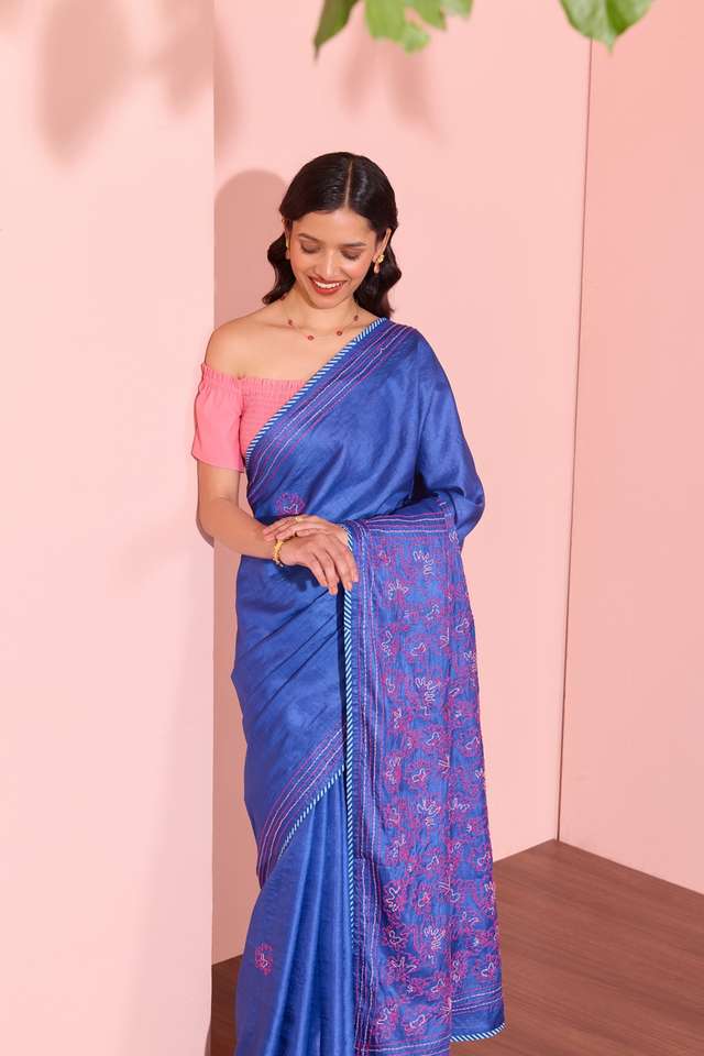 Blue Bengal Pure Tussar Silk Kantha Embroidered Saree thumbnail image number null