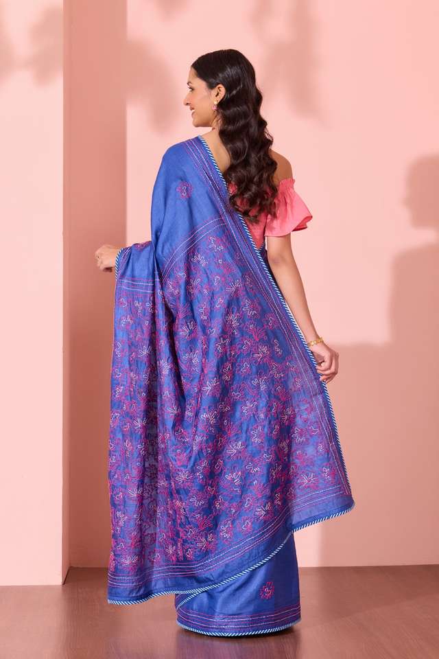 Blue Bengal Pure Tussar Silk Kantha Embroidered Saree thumbnail image number null