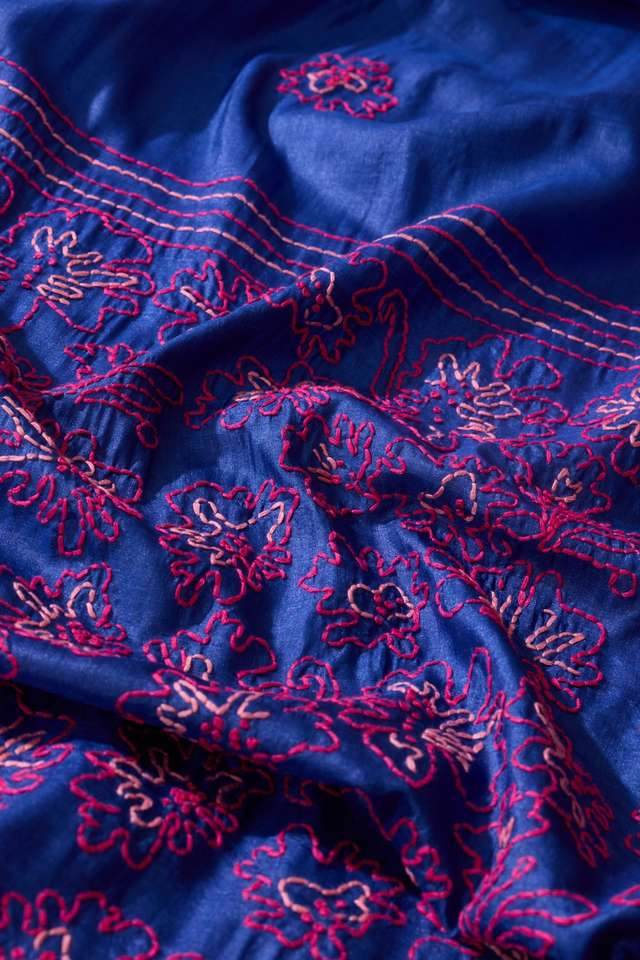Blue Bengal Pure Tussar Silk Kantha Embroidered Saree thumbnail image number null