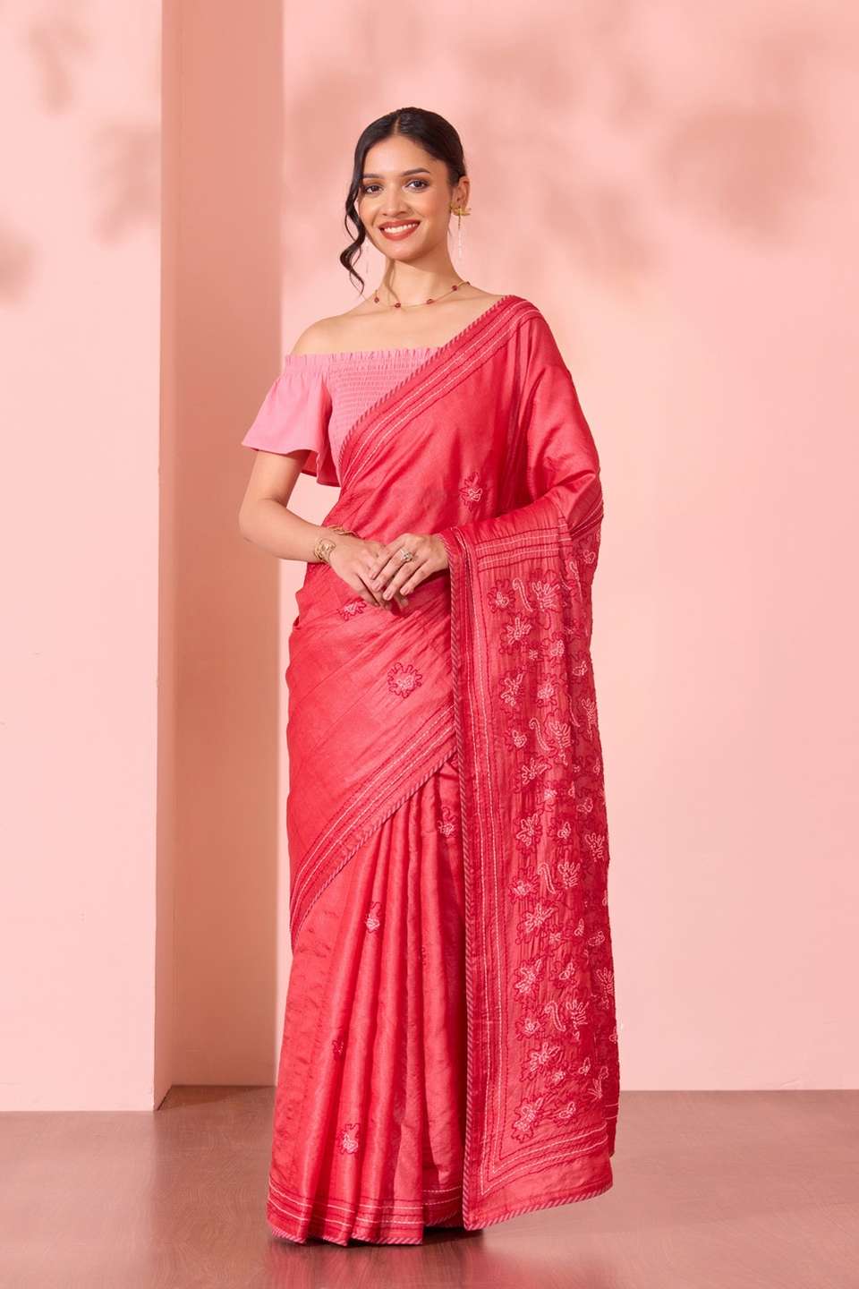 Red Bengal Pure Tussar Silk Kantha Embroidered Saree