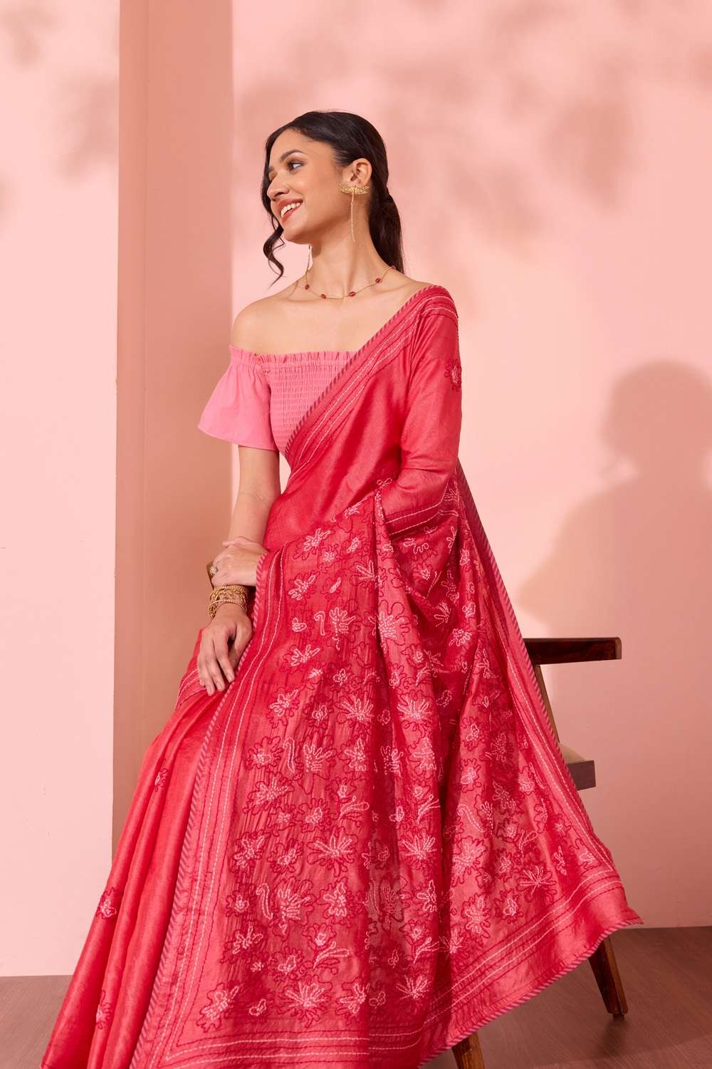 Red Bengal Pure Tussar Silk Kantha Embroidered Saree image number null