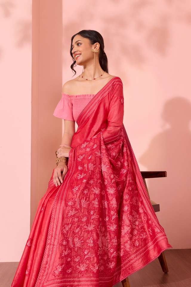 Red Bengal Pure Tussar Silk Kantha Embroidered Saree thumbnail image number null