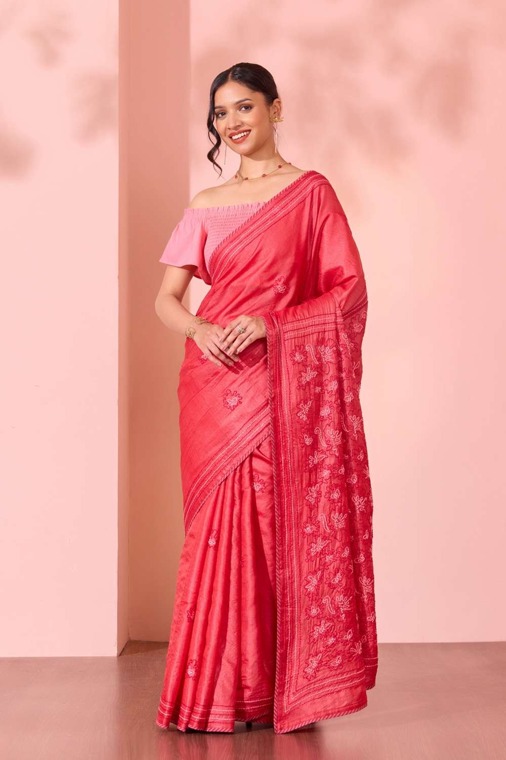 Red Bengal Pure Tussar Silk Kantha Embroidered Saree image number null