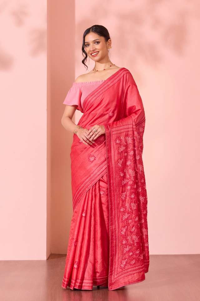 Red Bengal Pure Tussar Silk Kantha Embroidered Saree thumbnail image number null