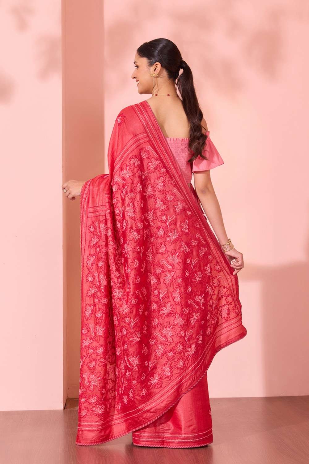 Red Bengal Pure Tussar Silk Kantha Embroidered Saree image number null