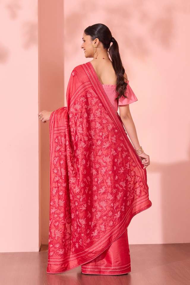 Red Bengal Pure Tussar Silk Kantha Embroidered Saree thumbnail image number null