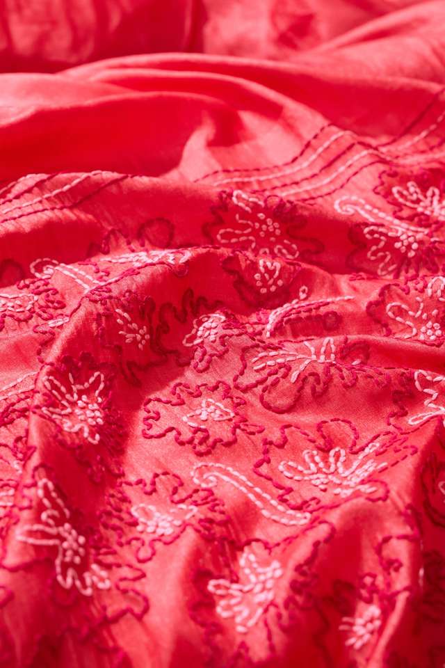 Red Bengal Pure Tussar Silk Kantha Embroidered Saree thumbnail image number null
