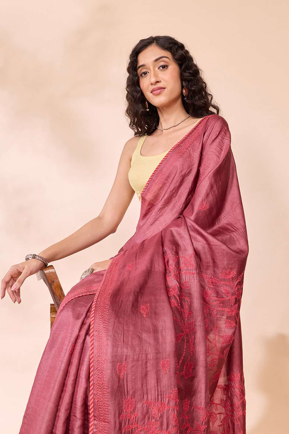Dark Red Bengal Pure Tussar Silk Kantha Embroidered Saree